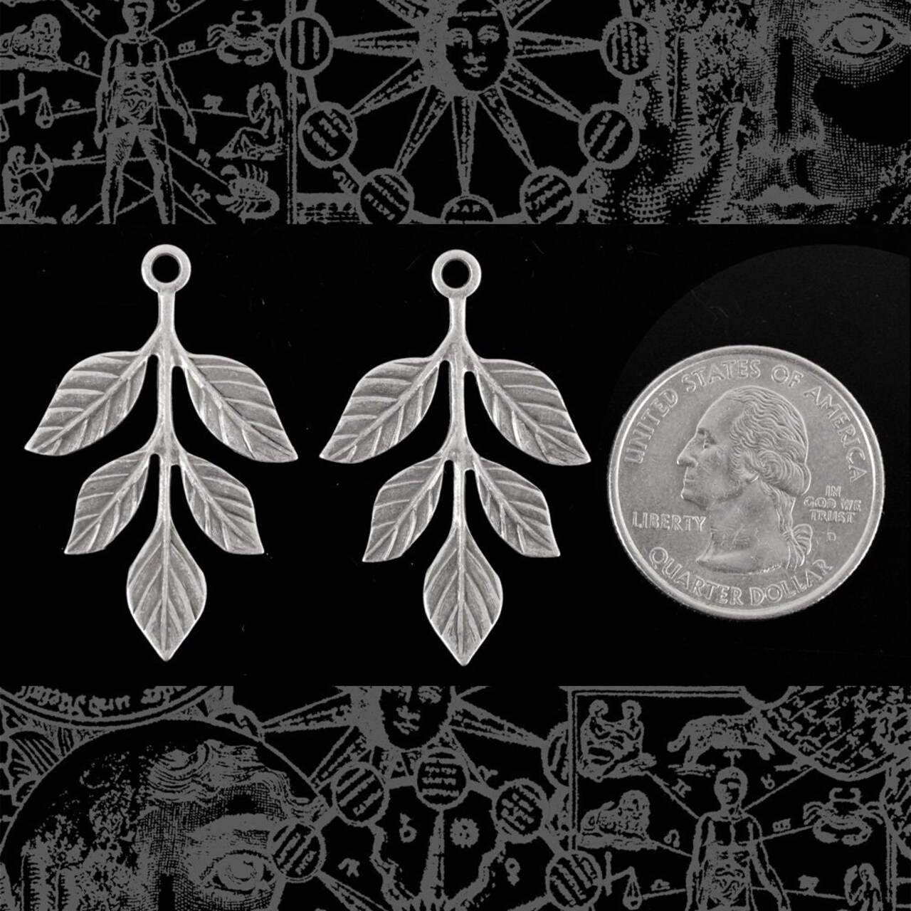 Antiqued Silver Plated Brass Leafy Branch Pendants - Set of Two - S-P65